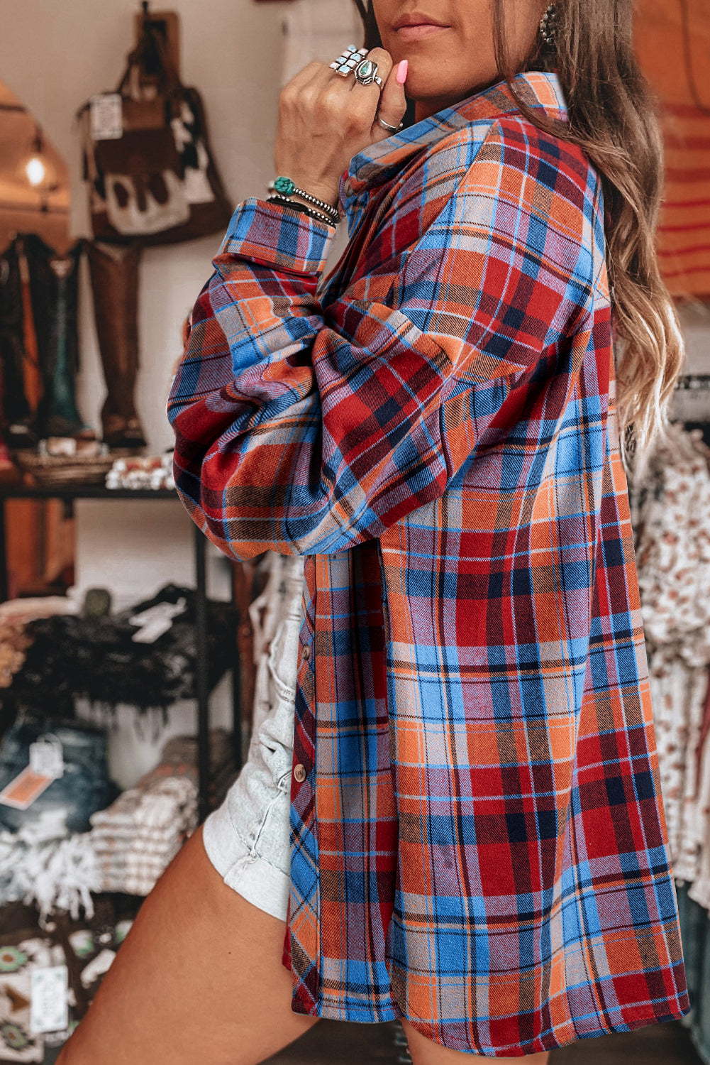 Red Plaid Print Loose Vintage Shirt-Tops/Blouses & Shirts-[Adult]-[Female]-2022 Online Blue Zone Planet