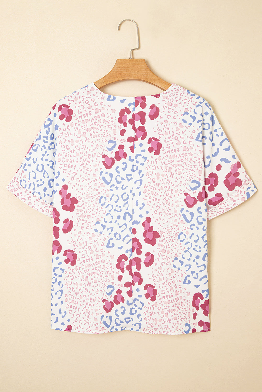 Pink Mixed Leopard Print V Neck Short Sleeve Blouse-Tops/Blouses & Shirts-[Adult]-[Female]-2022 Online Blue Zone Planet