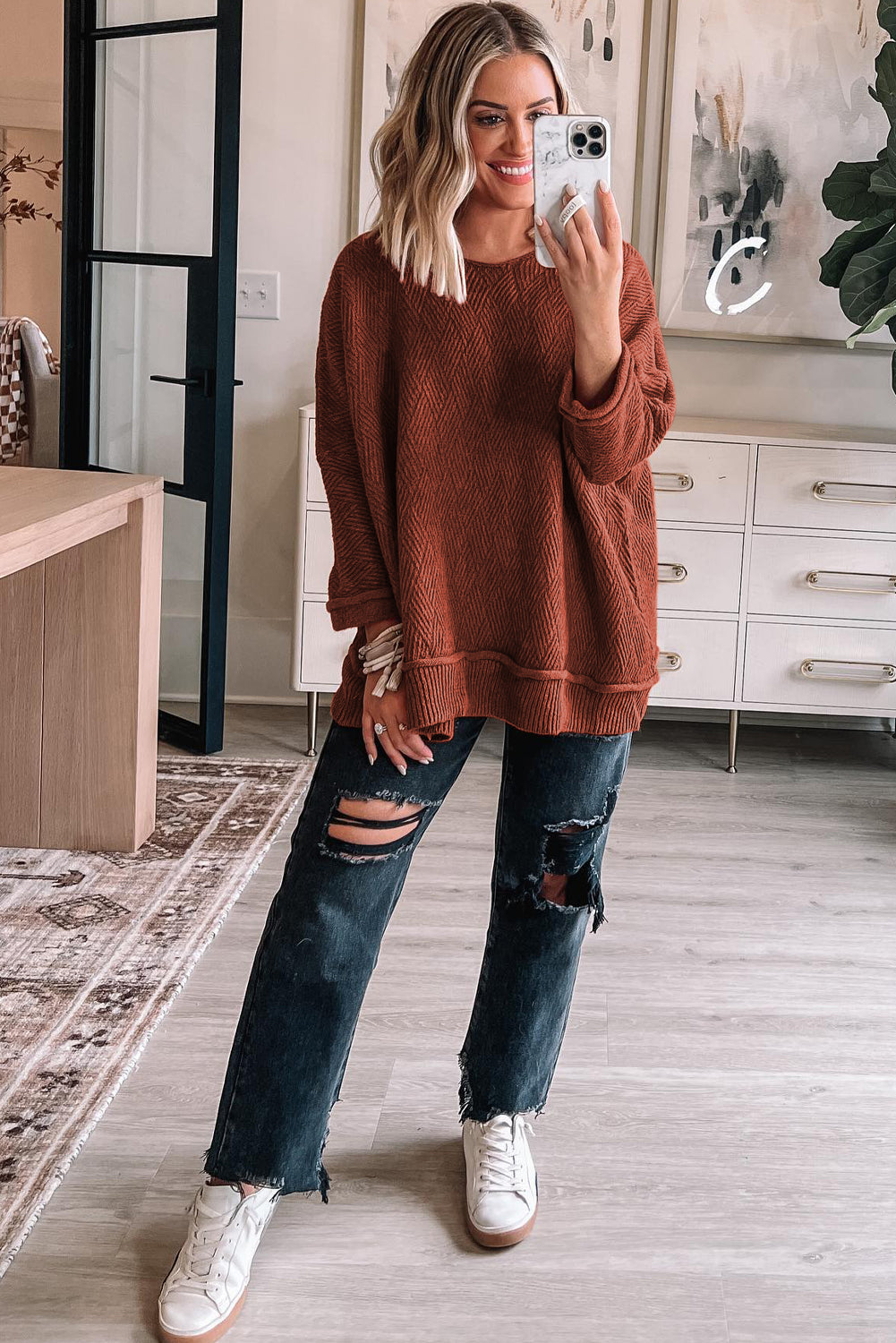 Gold Flame Solid Color Textured Crew Neck Loose Sweater-TOPS / DRESSES-[Adult]-[Female]-2022 Online Blue Zone Planet