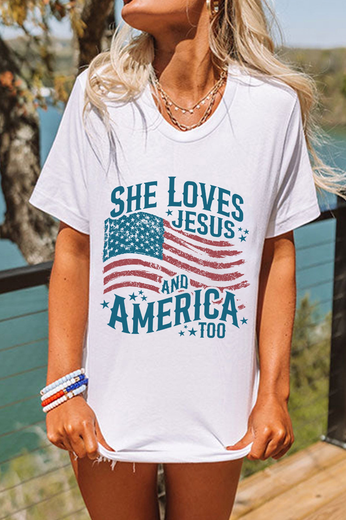 White She Loves Jesus And America Flag Graphic Tee-Graphic/Graphic Tees-[Adult]-[Female]-2022 Online Blue Zone Planet