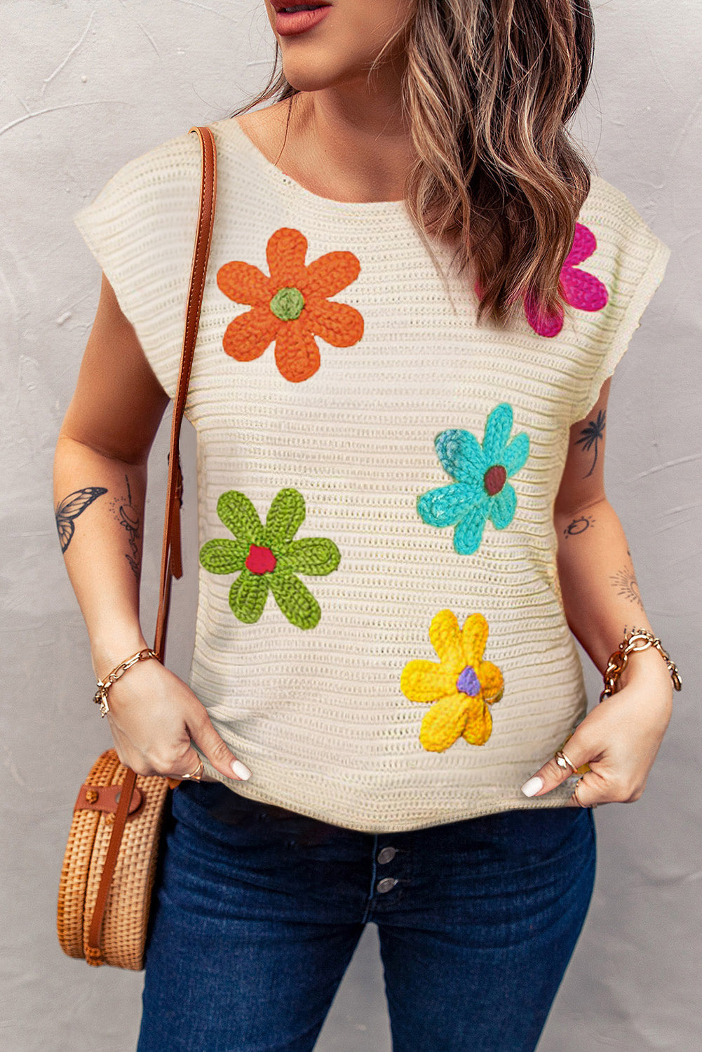 White Flower Crochet Round Neck Knitted Top-Sweaters & Cardigans/Short Sleeve Sweaters-[Adult]-[Female]-White-S-2022 Online Blue Zone Planet