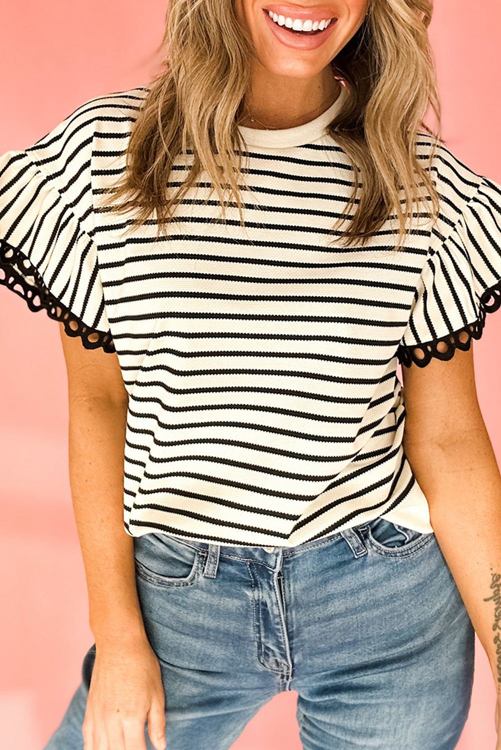 Black Stripe Scallop Lace Trim Ruffle Short Sleeves Crewneck Top-Tops/Blouses & Shirts-[Adult]-[Female]-Black Stripe-S-2022 Online Blue Zone Planet