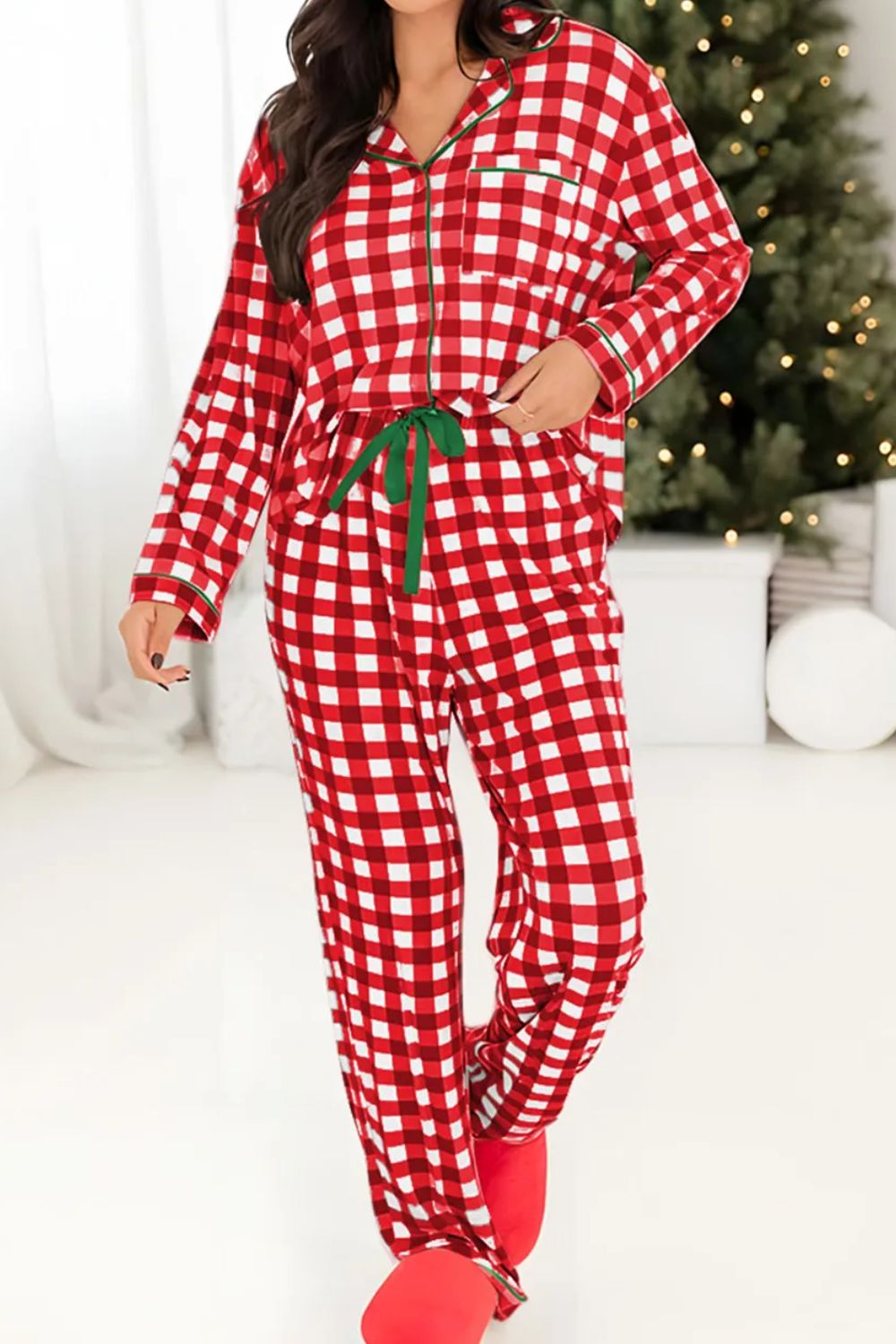 Contrast Piping Plaid Top and Pants Lounge Set-TOPS / DRESSES-[Adult]-[Female]-Deep Red-S-2022 Online Blue Zone Planet