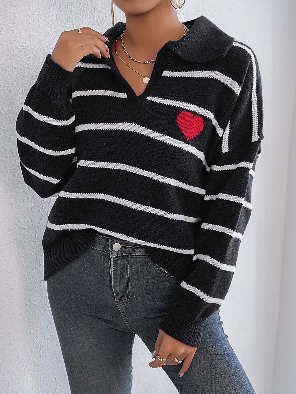 Blue Zone Planet | Striped Johnny Collar Long Sleeve Sweater-TOPS / DRESSES-[Adult]-[Female]-Black-One Size-2022 Online Blue Zone Planet