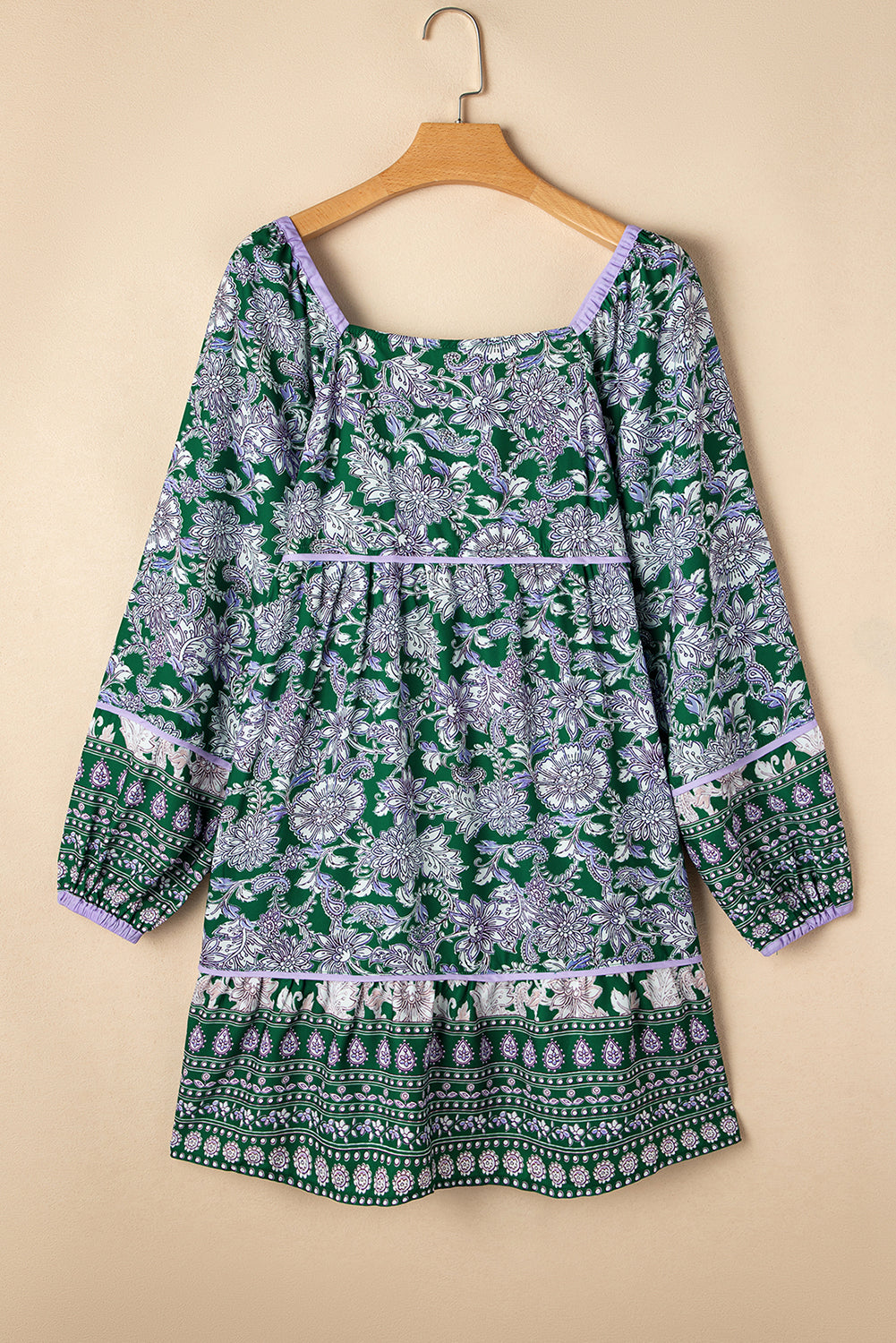 Green Floral Print Piping Trim Bubble Sleeve Bohemian Dress-Short Dresses-[Adult]-[Female]-2022 Online Blue Zone Planet