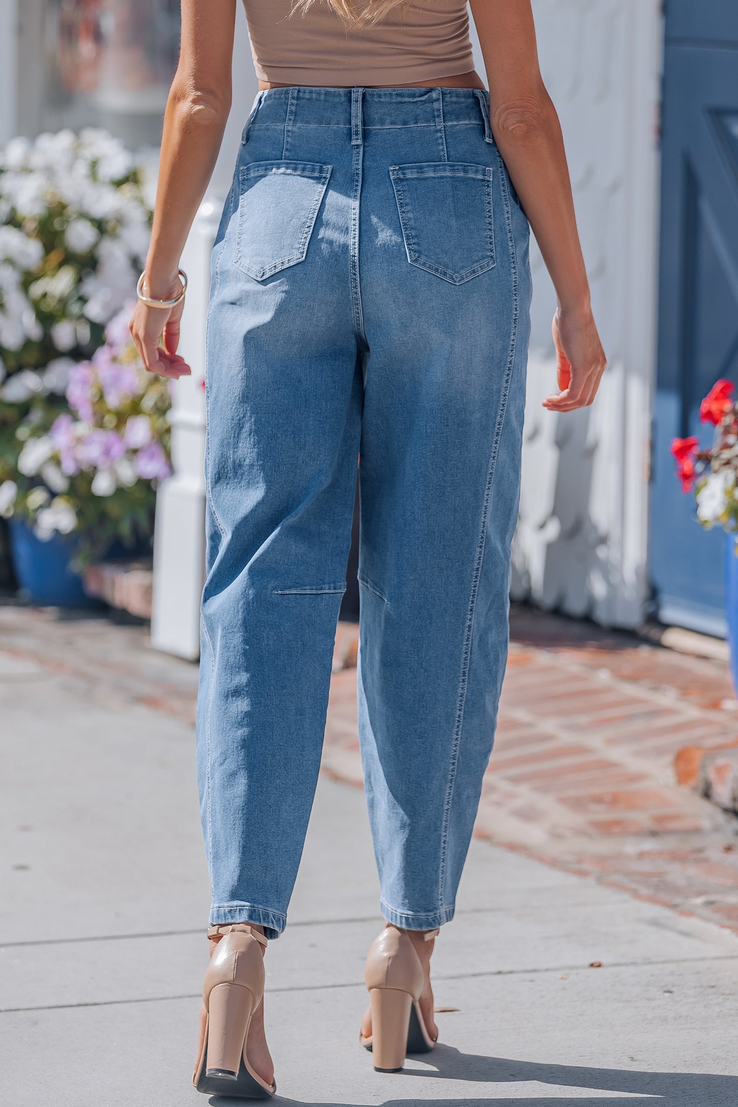 Sky Blue Medium Wash Cuffed Barrel Jeans-TOPS / DRESSES-[Adult]-[Female]-2022 Online Blue Zone Planet