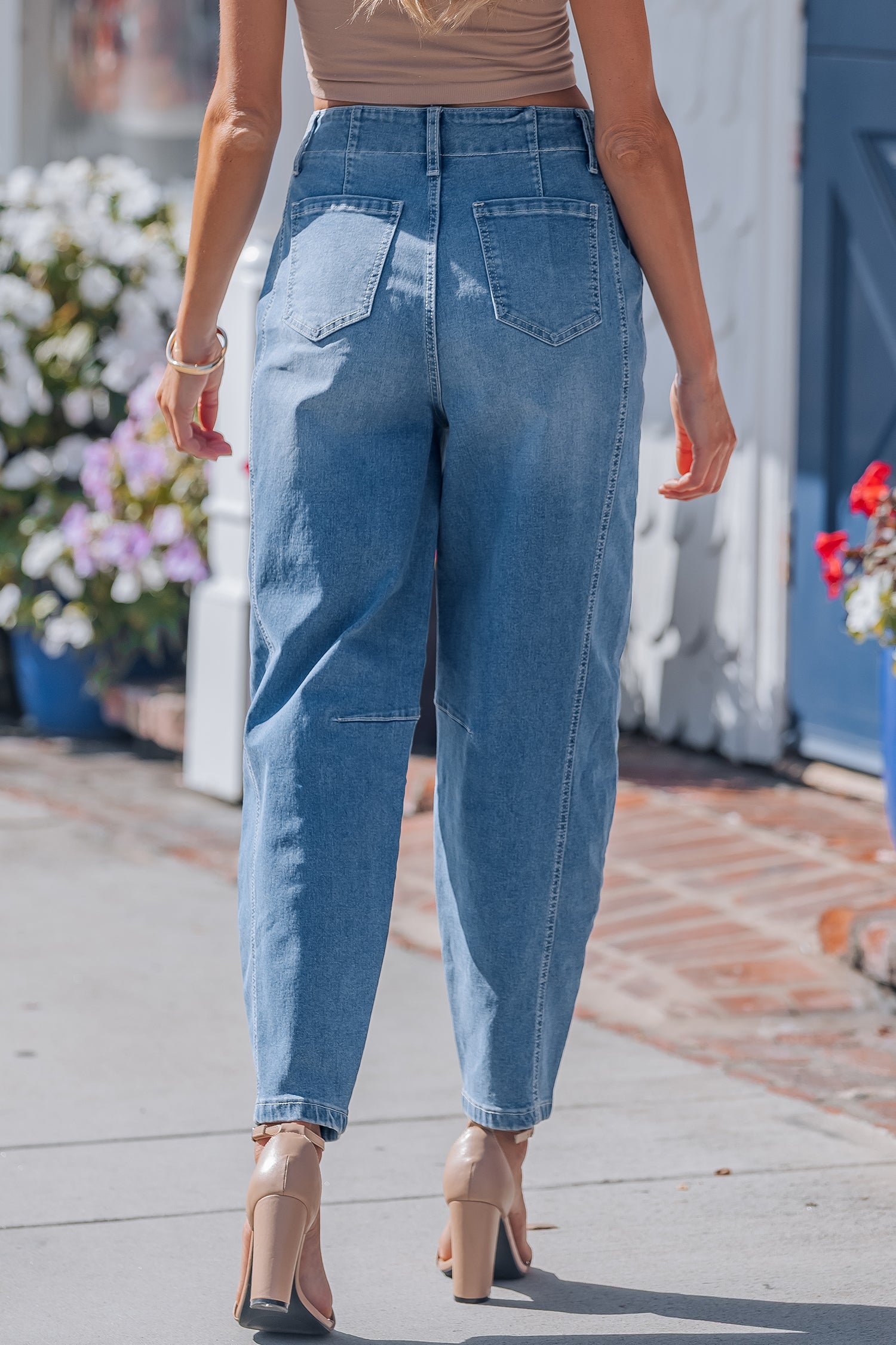 Sky Blue Medium Wash Cuffed Barrel Jeans-TOPS / DRESSES-[Adult]-[Female]-2022 Online Blue Zone Planet