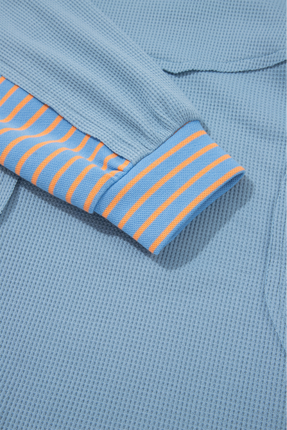 Dusk Blue Exposed Seam Waffle Striped Patchwork Baggy Pullover-Tops/Long Sleeve Tops-[Adult]-[Female]-2022 Online Blue Zone Planet
