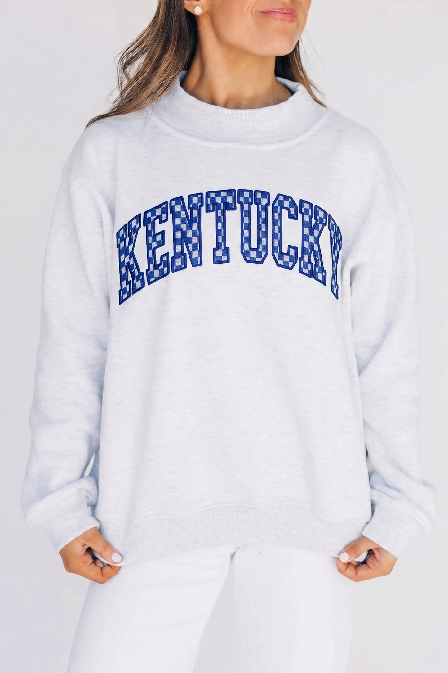 Light Grey High Neck Embroidered Checkered Letter Game Day Sweatshirt-Tops/Sweatshirts & Hoodies-[Adult]-[Female]-2022 Online Blue Zone Planet