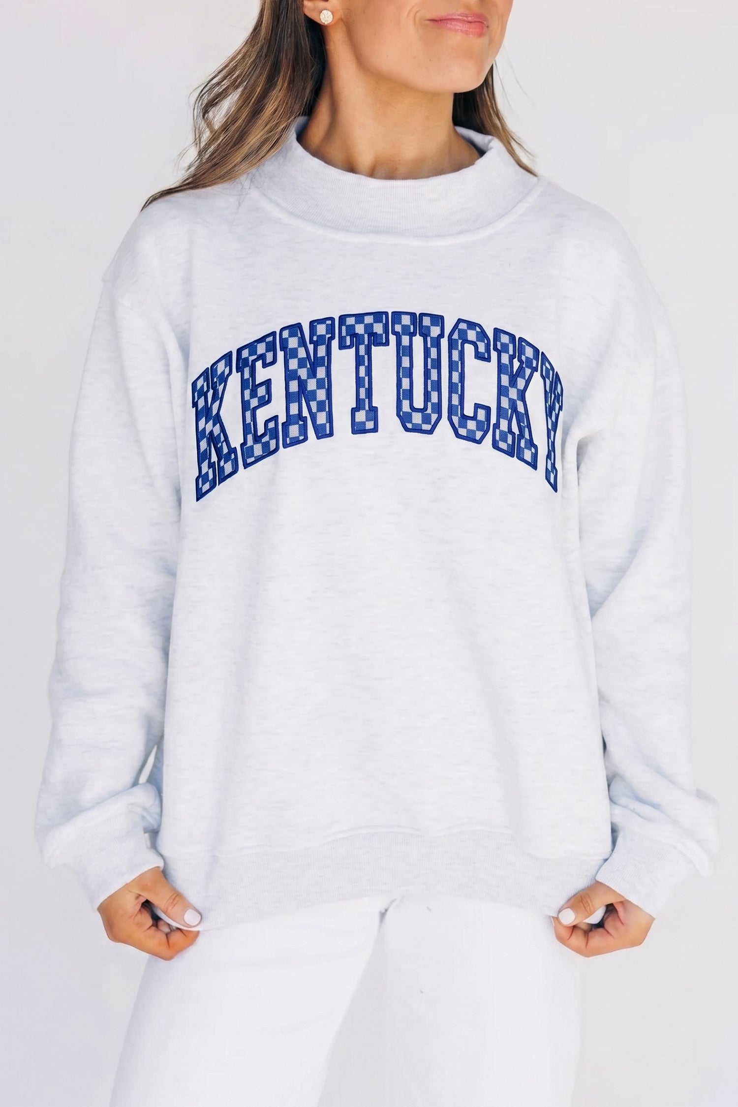 Light Grey High Neck Embroidered Checkered Letter Game Day Sweatshirt-Tops/Sweatshirts & Hoodies-[Adult]-[Female]-2022 Online Blue Zone Planet