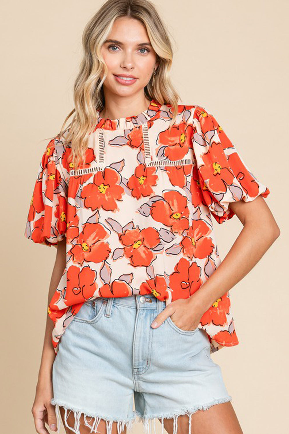Orange Floral Bubble Sleeve Frill Neck Loose Blouse-Tops/Blouses & Shirts-[Adult]-[Female]-2022 Online Blue Zone Planet