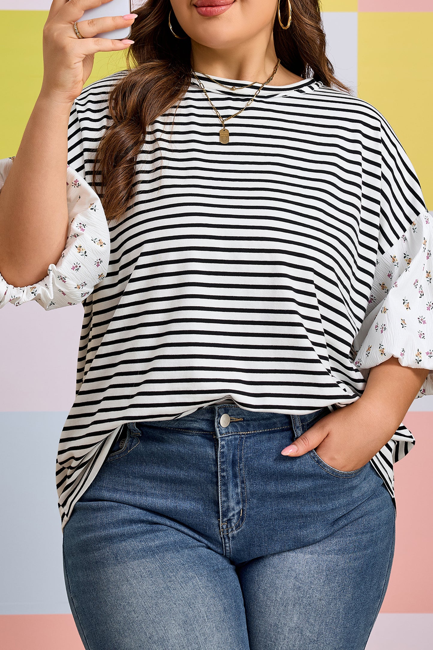 Black Stripe Plus Size Striped Short Sleeve Top With Floral Puff Sleeves-Plus Size/Plus Size Tops/Plus Size Blouses & Shirts-[Adult]-[Female]-2022 Online Blue Zone Planet