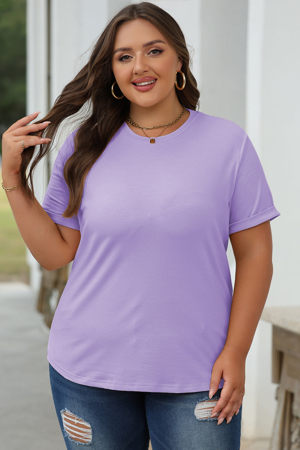 Wisteria Casual Plain Crew Neck Tee-Tops/Tops & Tees-[Adult]-[Female]-2022 Online Blue Zone Planet
