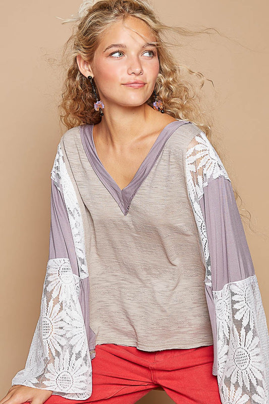 POL Lace Detail V-Neck Flare Sleeve Blouse-TOPS / DRESSES-[Adult]-[Female]-Gray-S-2022 Online Blue Zone Planet