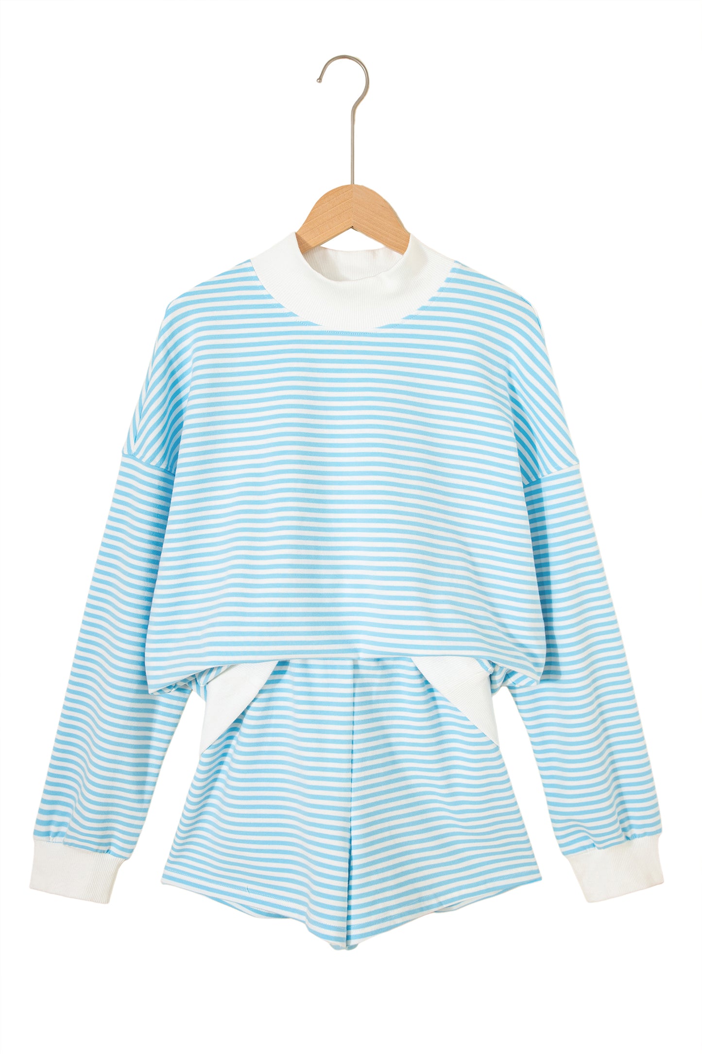 Sky Blue Stripe Oversize Mock Neck Sweatshirt and Shorts Set-Two Piece Sets/Short Sets-[Adult]-[Female]-2022 Online Blue Zone Planet