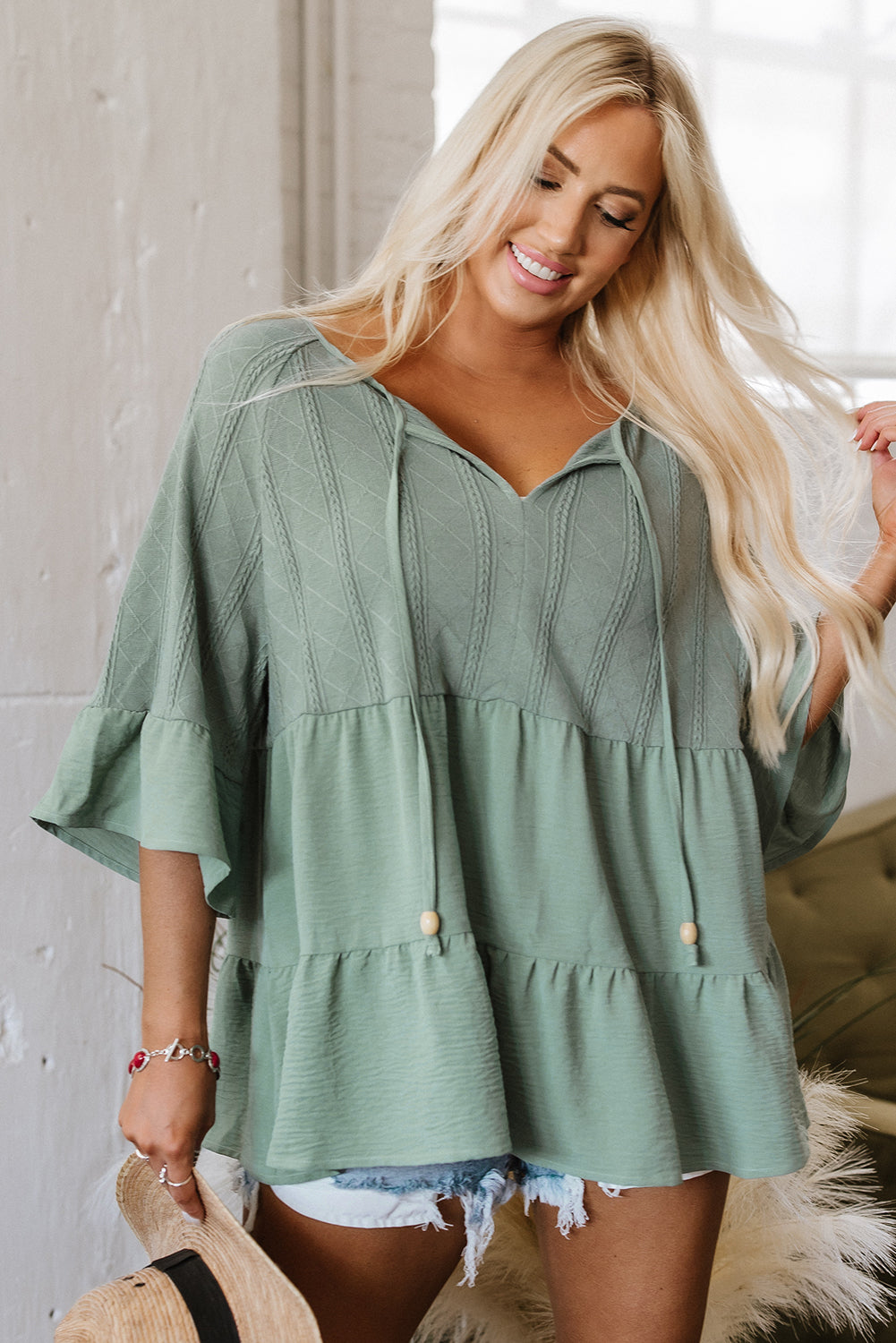 Laurel Green Tie Split Neck Textured Ruffle Patchwork Blouse-Tops/Blouses & Shirts-[Adult]-[Female]-2022 Online Blue Zone Planet