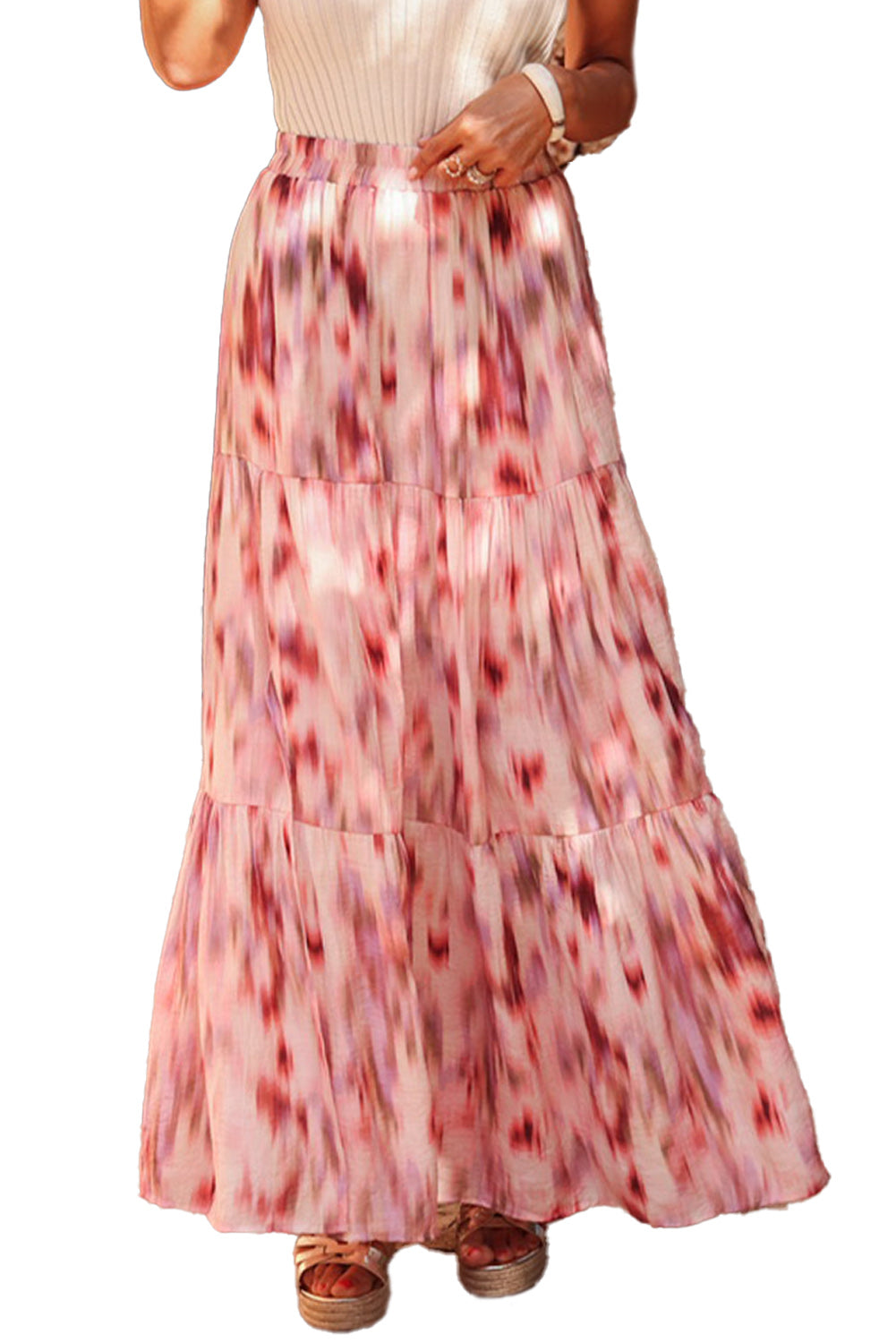 Pink Abstract Watercolor Tie Dye Tiered Maxi Skirt-Skirts-[Adult]-[Female]-2022 Online Blue Zone Planet