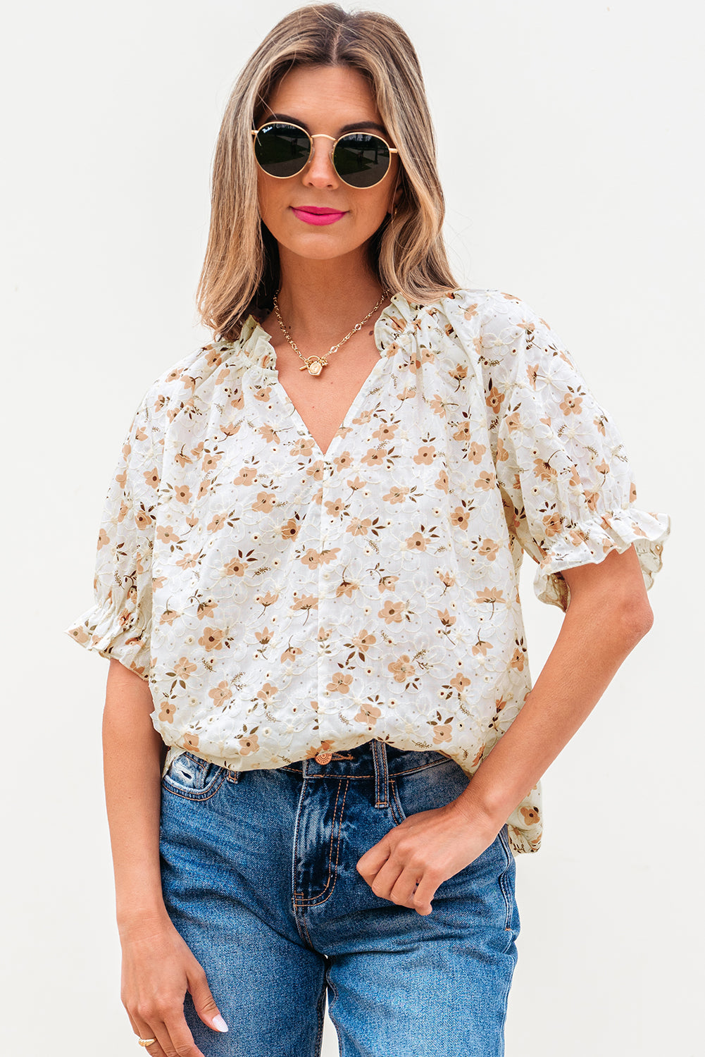 White Floral Eyelet Embroidered Puff Sleeve Notch V Neck Blouse-Tops/Blouses & Shirts-[Adult]-[Female]-2022 Online Blue Zone Planet