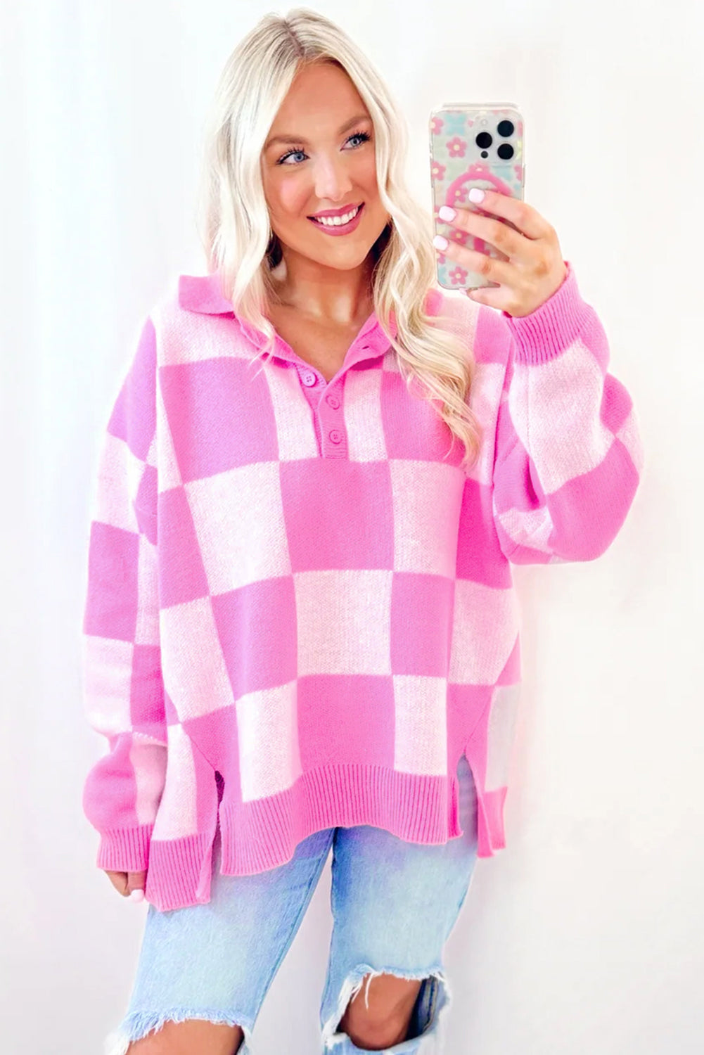 Blue Zone Planet | Pink Checkerboard Half Button Collared Drop Shoulder Sweater-Sweaters & Cardigans/Sweaters-[Adult]-[Female]-2022 Online Blue Zone Planet