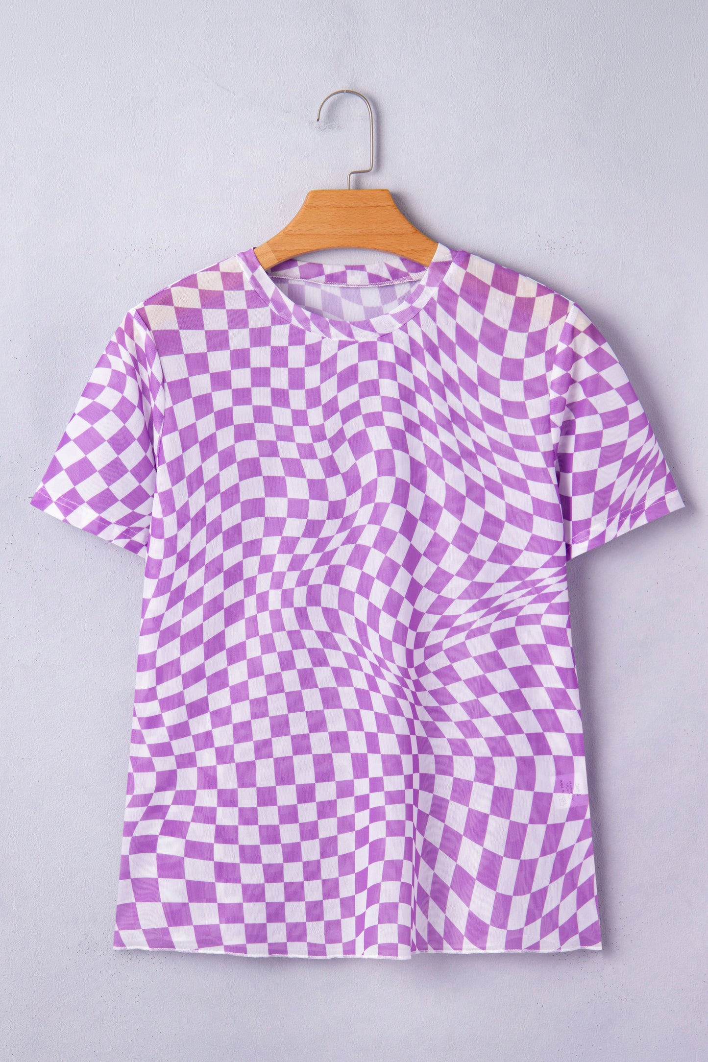 Khaki Checkered Print Mock Neck Mesh T Shirt-Tops/Tops & Tees-[Adult]-[Female]-2022 Online Blue Zone Planet