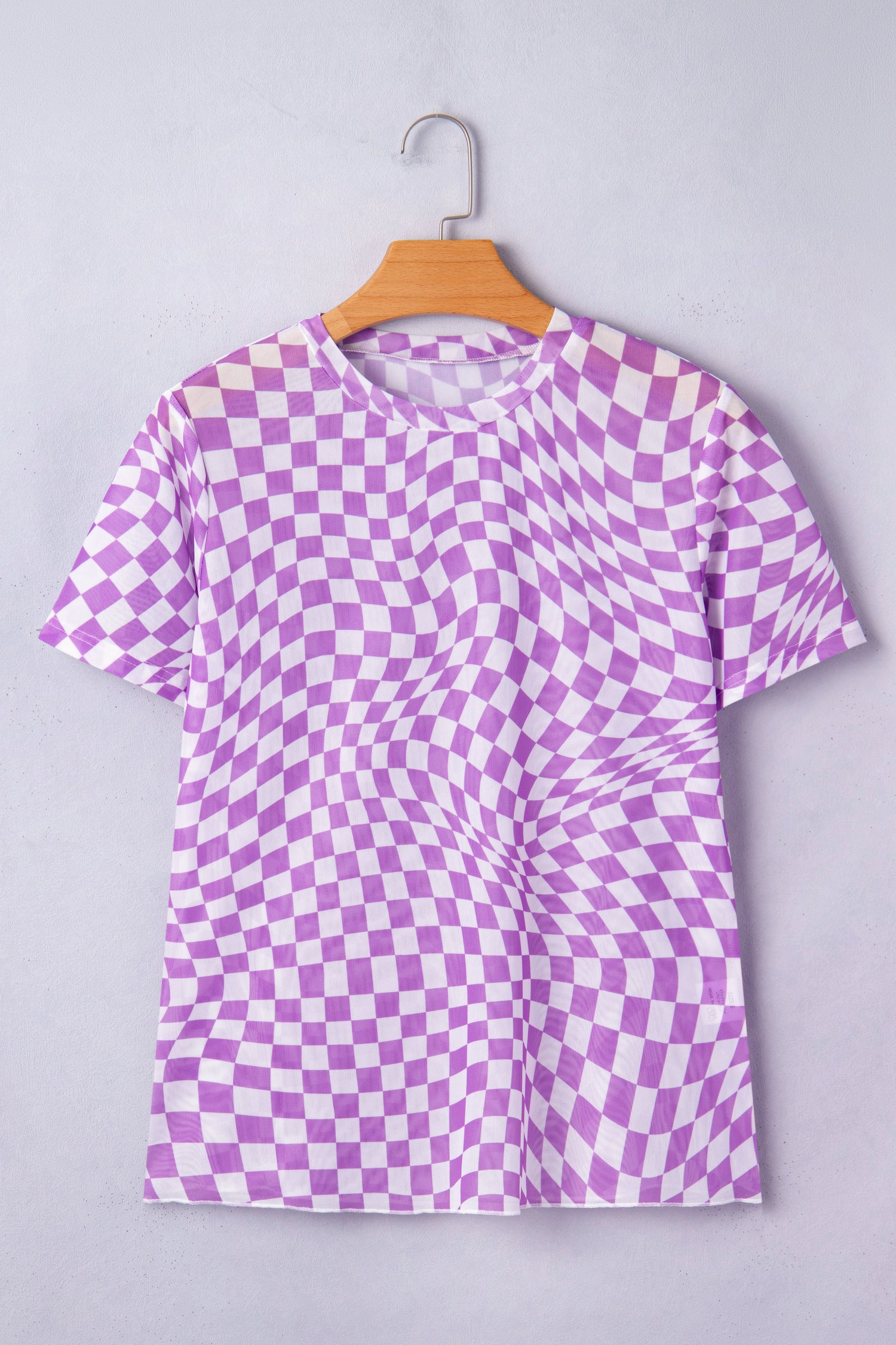 Khaki Checkered Print Mock Neck Mesh T Shirt-Tops/Tops & Tees-[Adult]-[Female]-2022 Online Blue Zone Planet