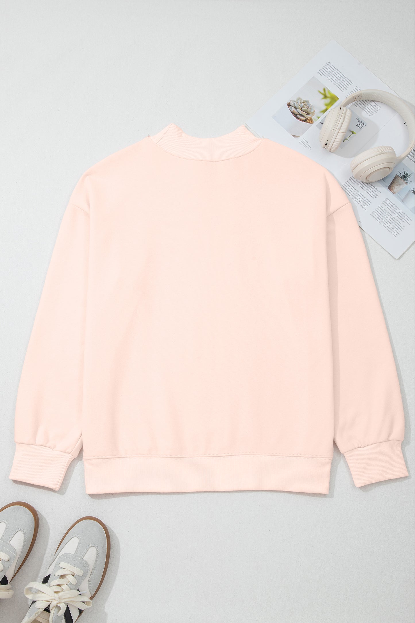 Apricot Pink Bow Knot Duck Faux Patchwork Printed Mock Neck Sweatshirt-Graphic/Graphic Sweatshirts-[Adult]-[Female]-2022 Online Blue Zone Planet