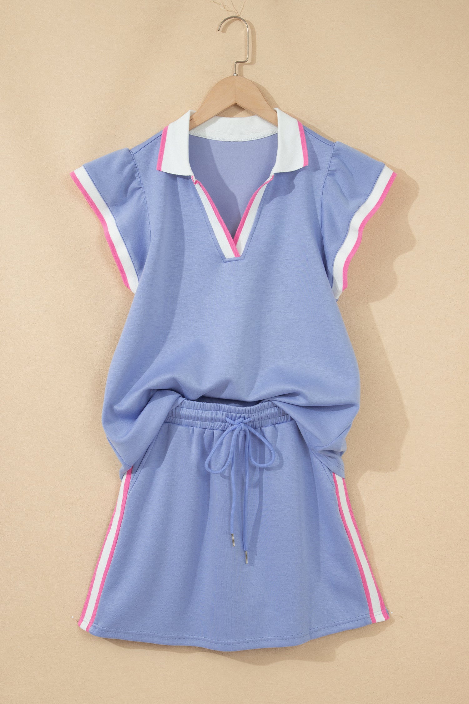 Black Preppy Striped Trim V Neck Polo Tee Drawstring Skirt Set-Two Piece Sets/Two Piece Dresses-[Adult]-[Female]-2022 Online Blue Zone Planet