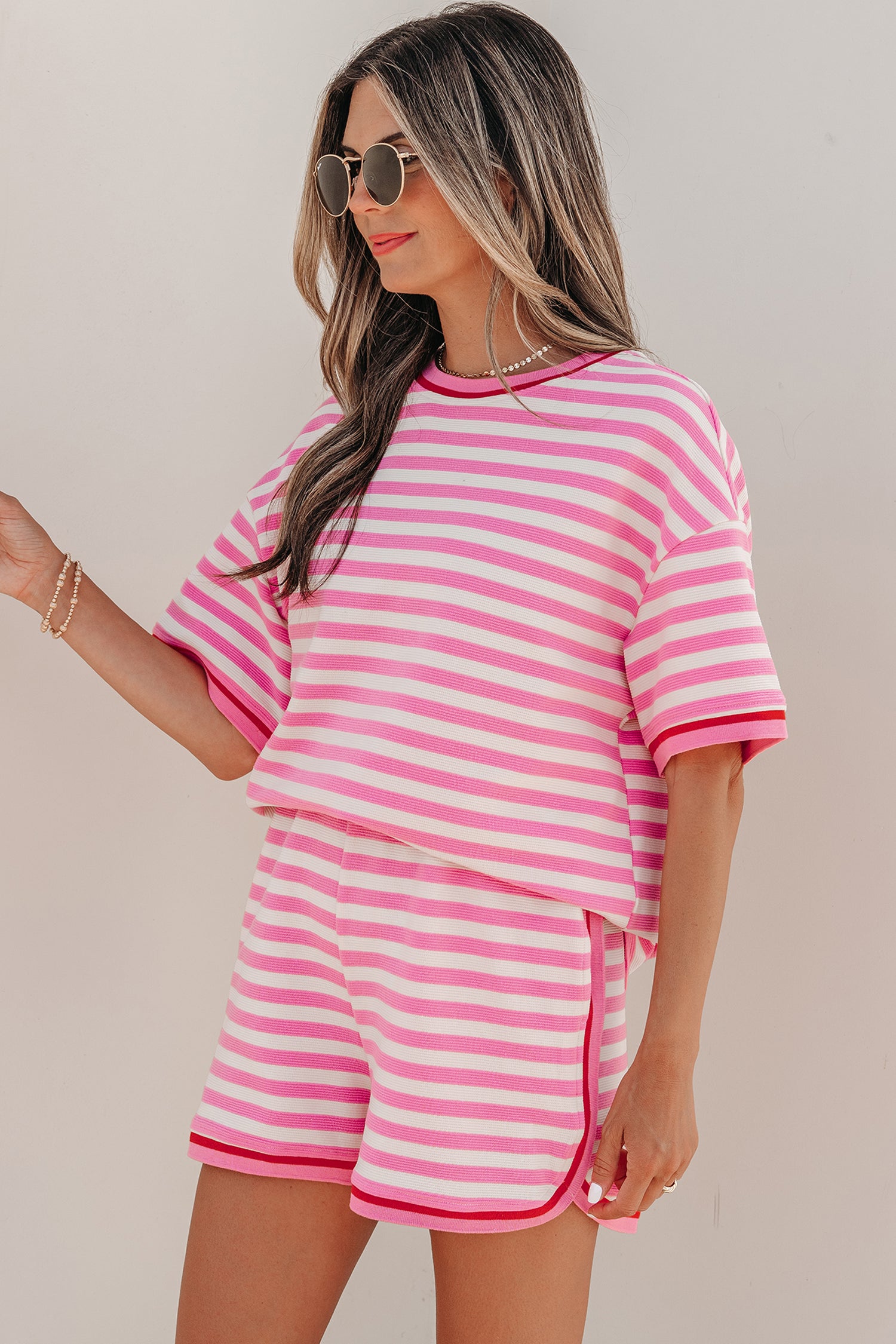 Pink Stripe Contrast Trim Short Sleeve Top Loose Shorts 2pcs Casual Outfit-Two Piece Sets/Short Sets-[Adult]-[Female]-2022 Online Blue Zone Planet