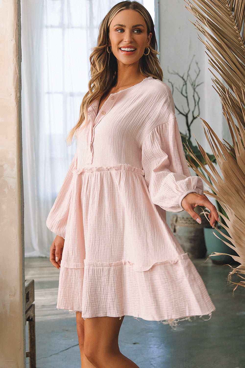 Oatmeal Crinkle Distressed Puff Sleeve Flared Dress Oatmeal / L / 100%Cotton Oatmeal Crinkle Distressed Puff Sleeve Flared Dress Oatmeal / L / 100%Cotton