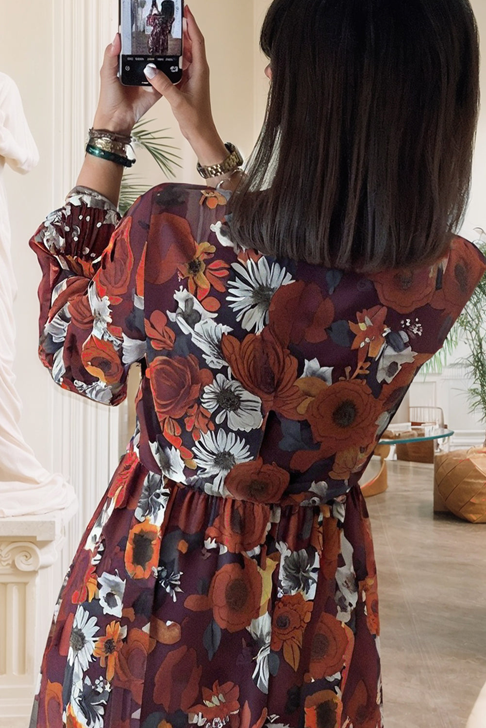 Red Floral Print Wrap V Neck Puff Sleeve Flowy Mini Dress-Dresses/Floral Dresses-[Adult]-[Female]-2022 Online Blue Zone Planet