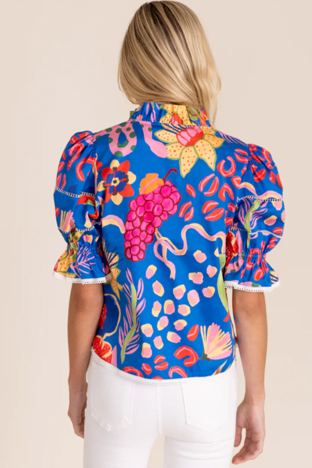 Blue Abstract Print Frilled Collar Ruffled Puff Short Sleeve Top-Tops/Blouses & Shirts-[Adult]-[Female]-2022 Online Blue Zone Planet