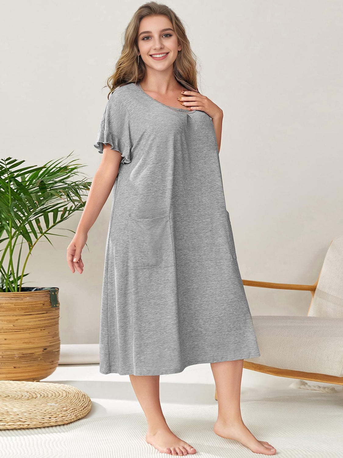 Plus Size Round Neck Short Sleeve Lounge Dress-TOPS / DRESSES-[Adult]-[Female]-Gray-1XL-2022 Online Blue Zone Planet