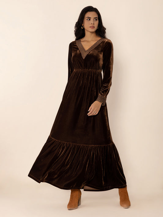 Lace Detail V-Neck Long Sleeve Maxi Dress-TOPS / DRESSES-[Adult]-[Female]-Dark Brown-S-2022 Online Blue Zone Planet