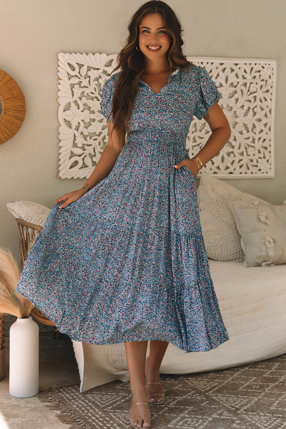 Blue Zone Planet | Blue Printed V Neck Shirred Short Puff Sleeve Maxi Dress-TOPS / DRESSES-[Adult]-[Female]-2022 Online Blue Zone Planet