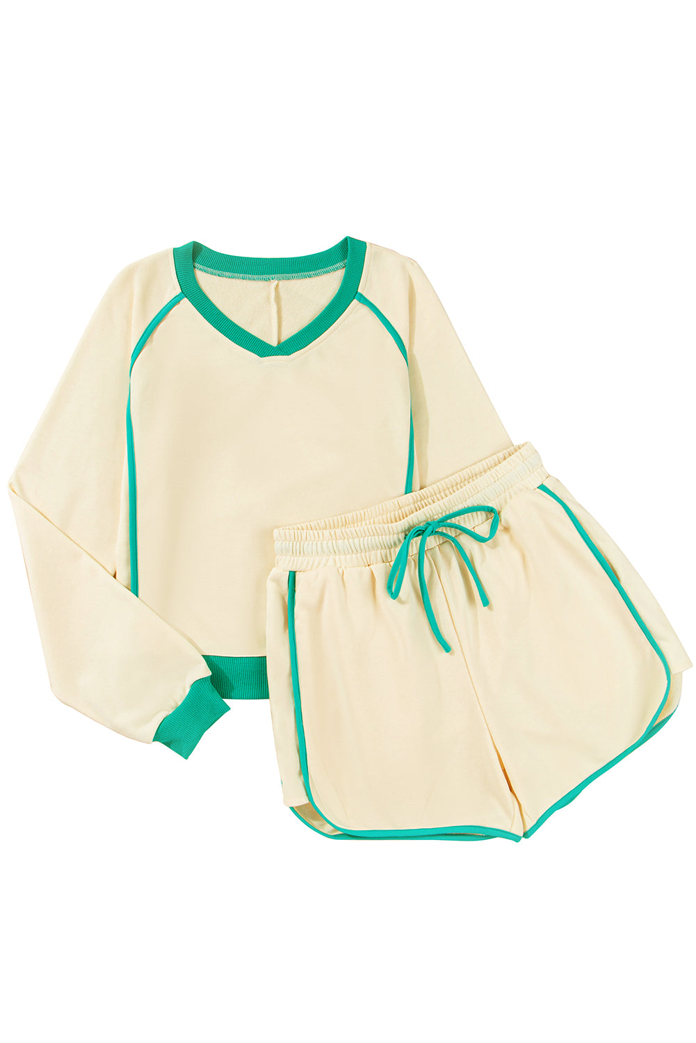 White Contrast Trim Colorblock Long Sleeve Pullover and Drawstring Shorts 2pcs Outfit-Two Piece Sets/Short Sets-[Adult]-[Female]-2022 Online Blue Zone Planet