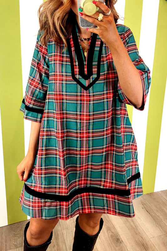 Green Plaid Velvet Trim Pockets Short Shift Dress-TOPS / DRESSES-[Adult]-[Female]-Green-S-2022 Online Blue Zone Planet