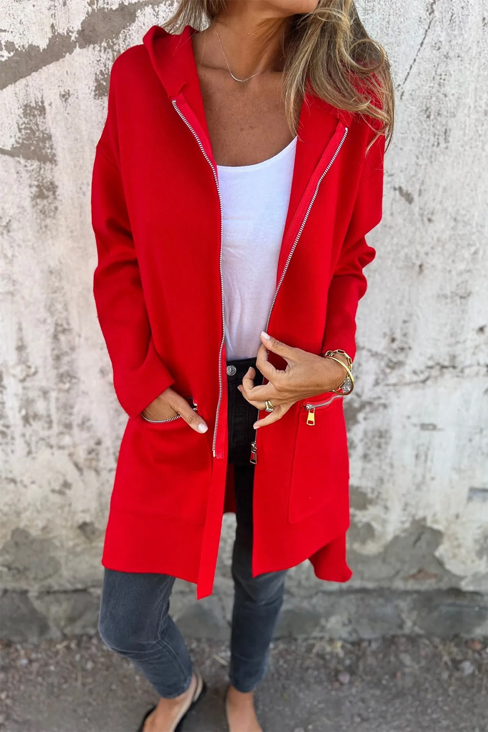 Fiery Red Solid Color Casual Zip up Hooded Coat-Outerwear/Coats-[Adult]-[Female]-2022 Online Blue Zone Planet