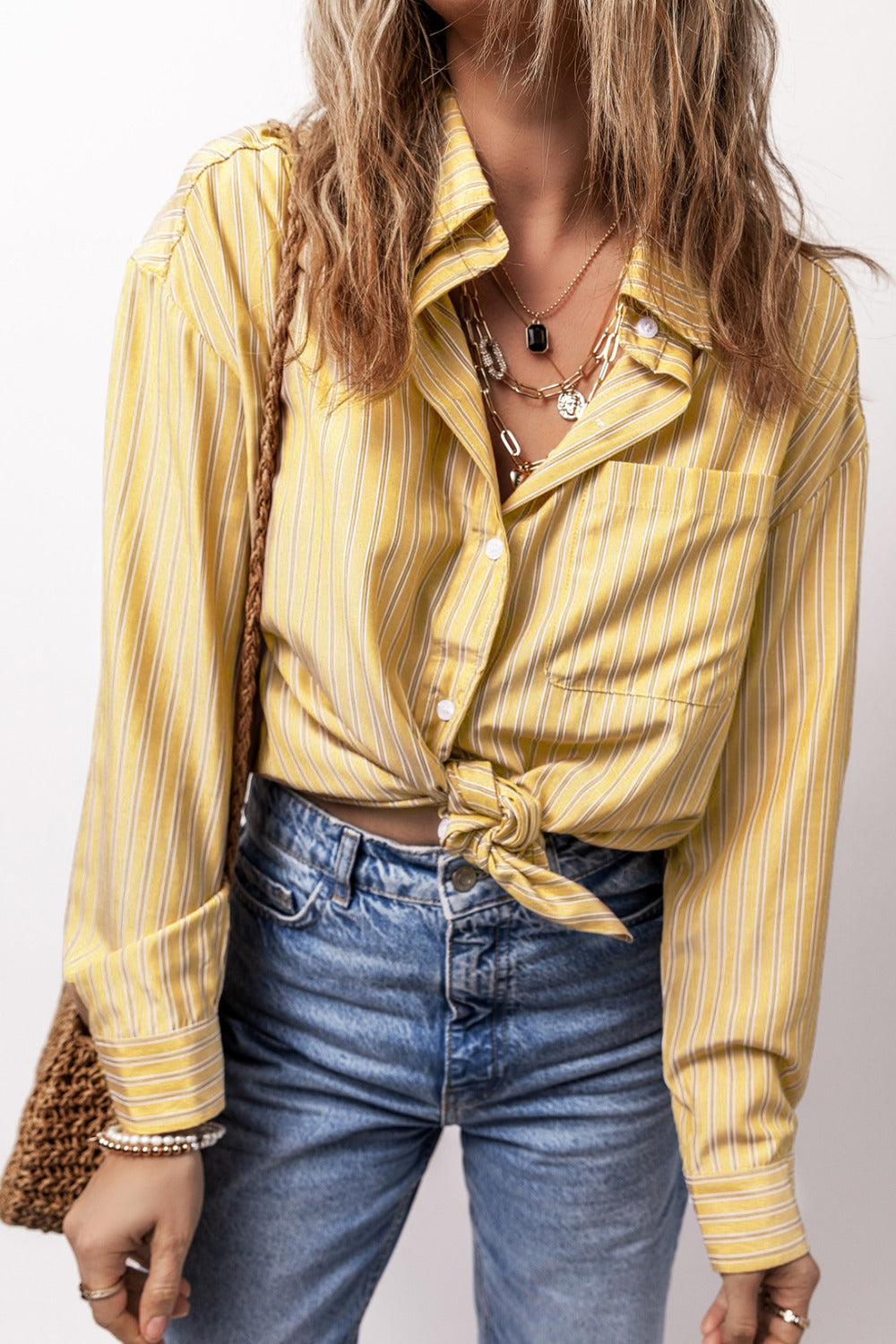 Striped Button Up Long Sleeve Shirt-TOPS / DRESSES-[Adult]-[Female]-Pastel Yellow-S-2022 Online Blue Zone Planet