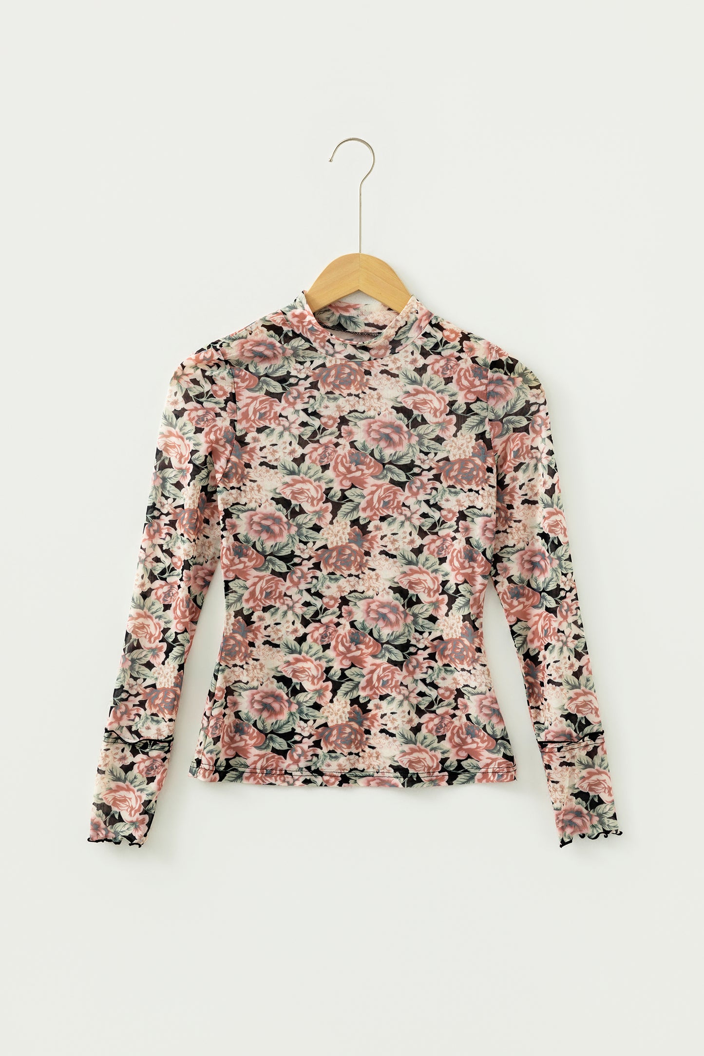 White Retro Floral Print Mock Neck Mesh Long Sleeve Top-Tops/Long Sleeve Tops-[Adult]-[Female]-2022 Online Blue Zone Planet
