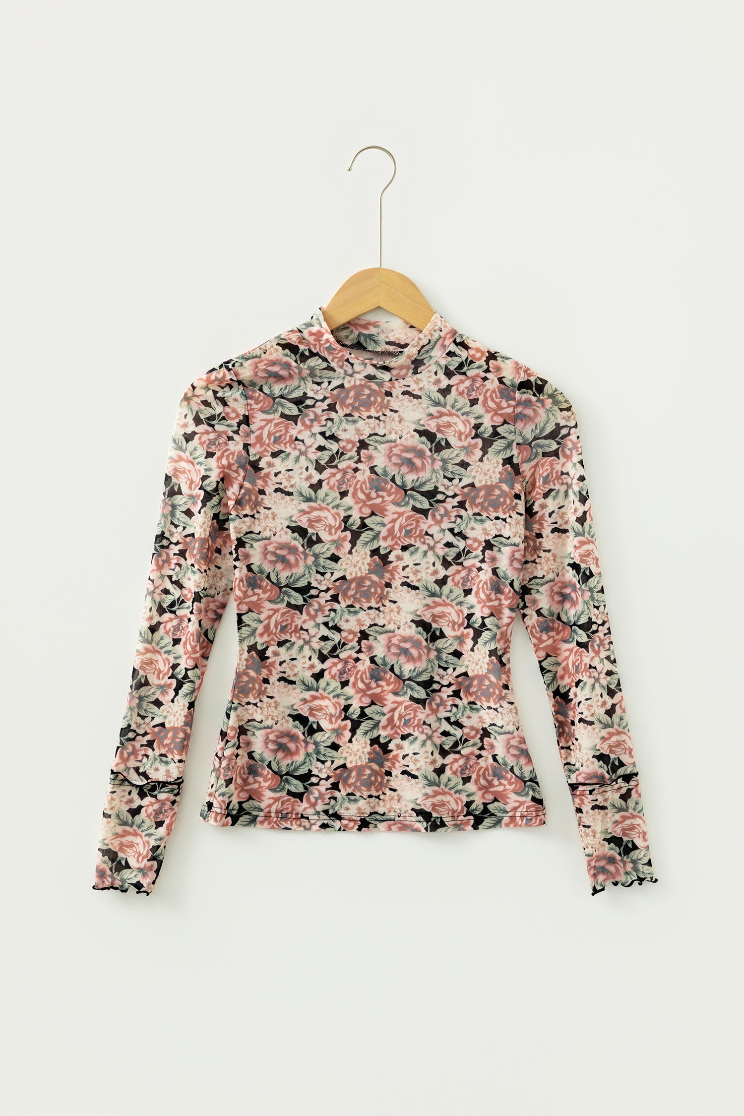 White Retro Floral Print Mock Neck Mesh Long Sleeve Top-Tops/Long Sleeve Tops-[Adult]-[Female]-2022 Online Blue Zone Planet