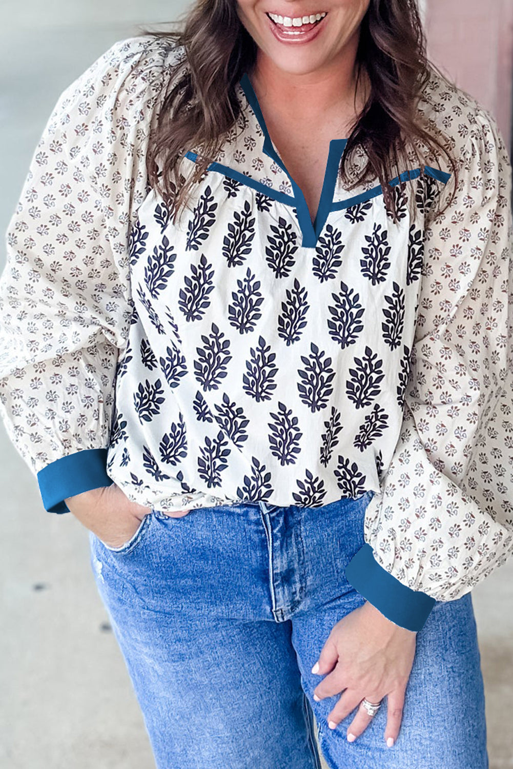 White Plus Size Boho Floral Print Contrast Trim Split Neck Puff Sleeve Patchwork Blouse-Plus Size/Plus Size Tops/Plus Size Blouses & Shirts-[Adult]-[Female]-White-1X-2022 Online Blue Zone Planet