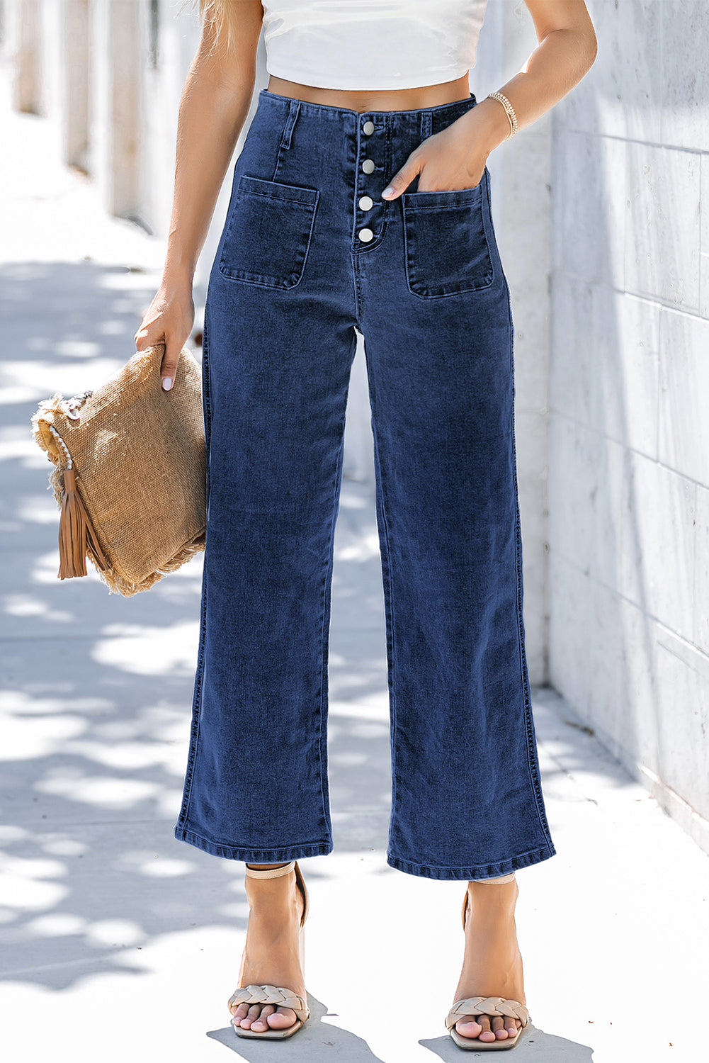 Sail Blue High Waist Button Front Wide Leg Cropped Jeans-Bottoms/Jeans-[Adult]-[Female]-2022 Online Blue Zone Planet