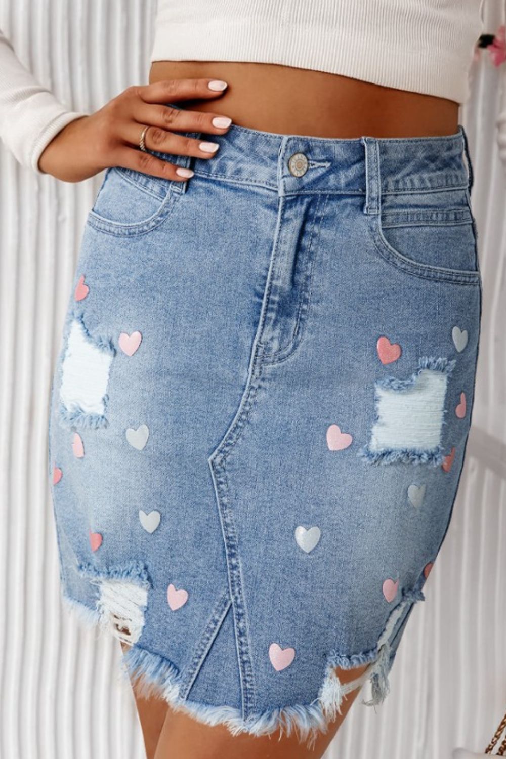 Distressed Raw Hem Heart Denim Skirt-BOTTOMS SIZES SMALL MEDIUM LARGE-[Adult]-[Female]-Medium-S-2022 Online Blue Zone Planet