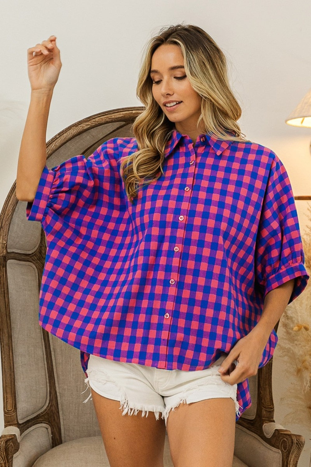 BiBi Plaid Button Up Dolman Sleeve Shirt-TOPS / DRESSES-[Adult]-[Female]-2022 Online Blue Zone Planet