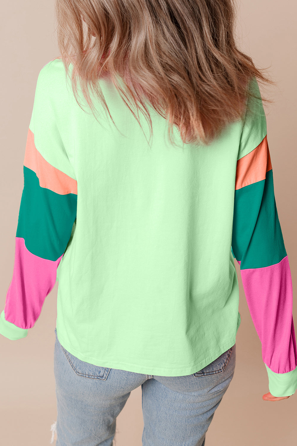 Blue Zone Planet | Green Colorblock Patchwork Long Sleeve Loose Top-TOPS / DRESSES-[Adult]-[Female]-2022 Online Blue Zone Planet