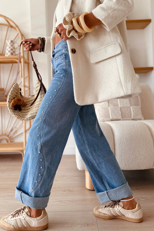 Dusk Blue Side Seam Rivet Detail Ankle Length Casual Jeans-Bottoms/Jeans-[Adult]-[Female]-Dusk Blue-4-2022 Online Blue Zone Planet