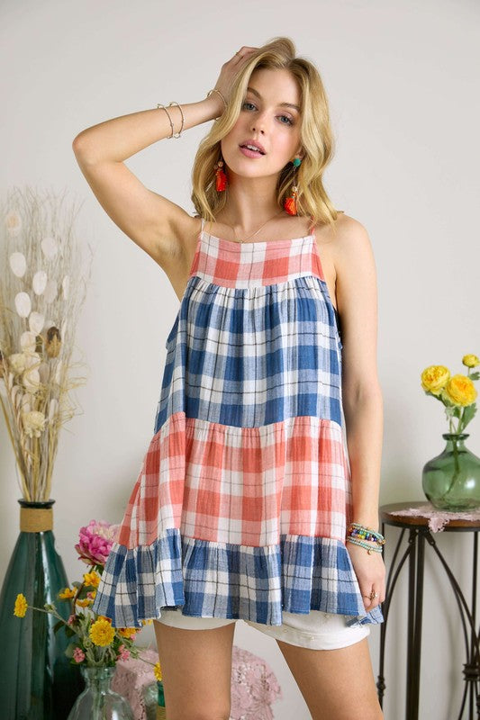 ADORA Plaid Tiered Babydoll Cami-TOPS / DRESSES-[Adult]-[Female]-Peach/Denim-S-2022 Online Blue Zone Planet