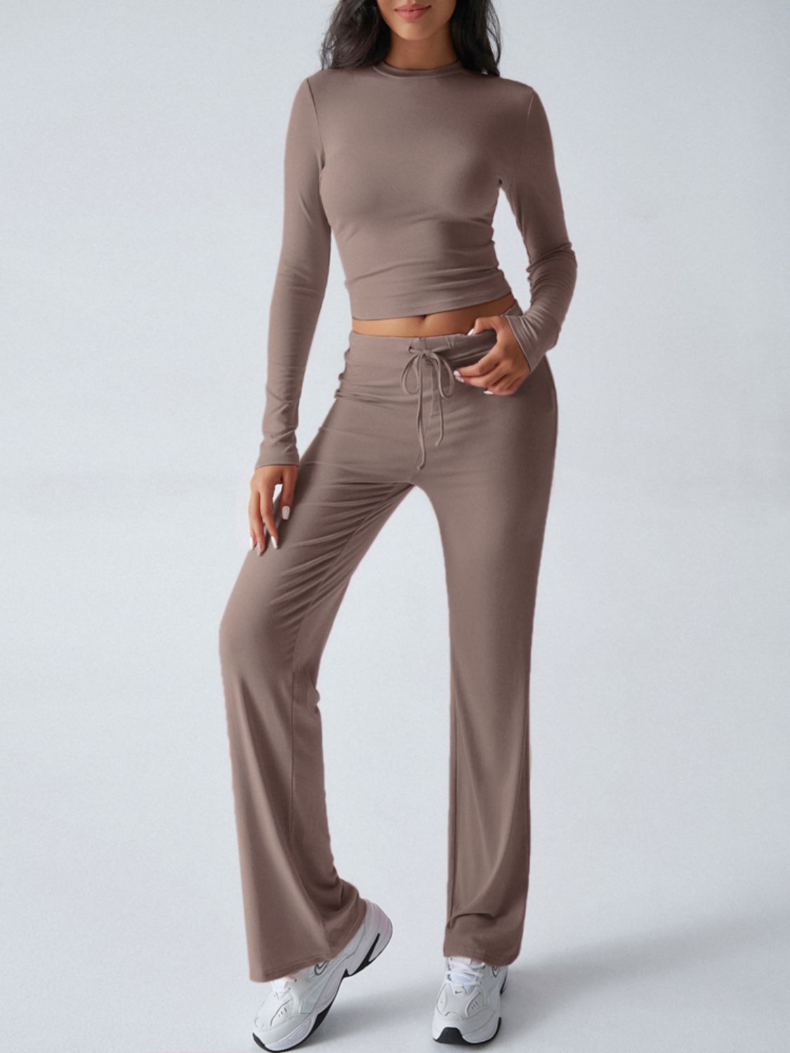 Blue Zone Planet | Devine Round Neck Long Sleeve Top and Drawstring Pants Set-TOPS / DRESSES-[Adult]-[Female]-Taupe-S-2022 Online Blue Zone Planet