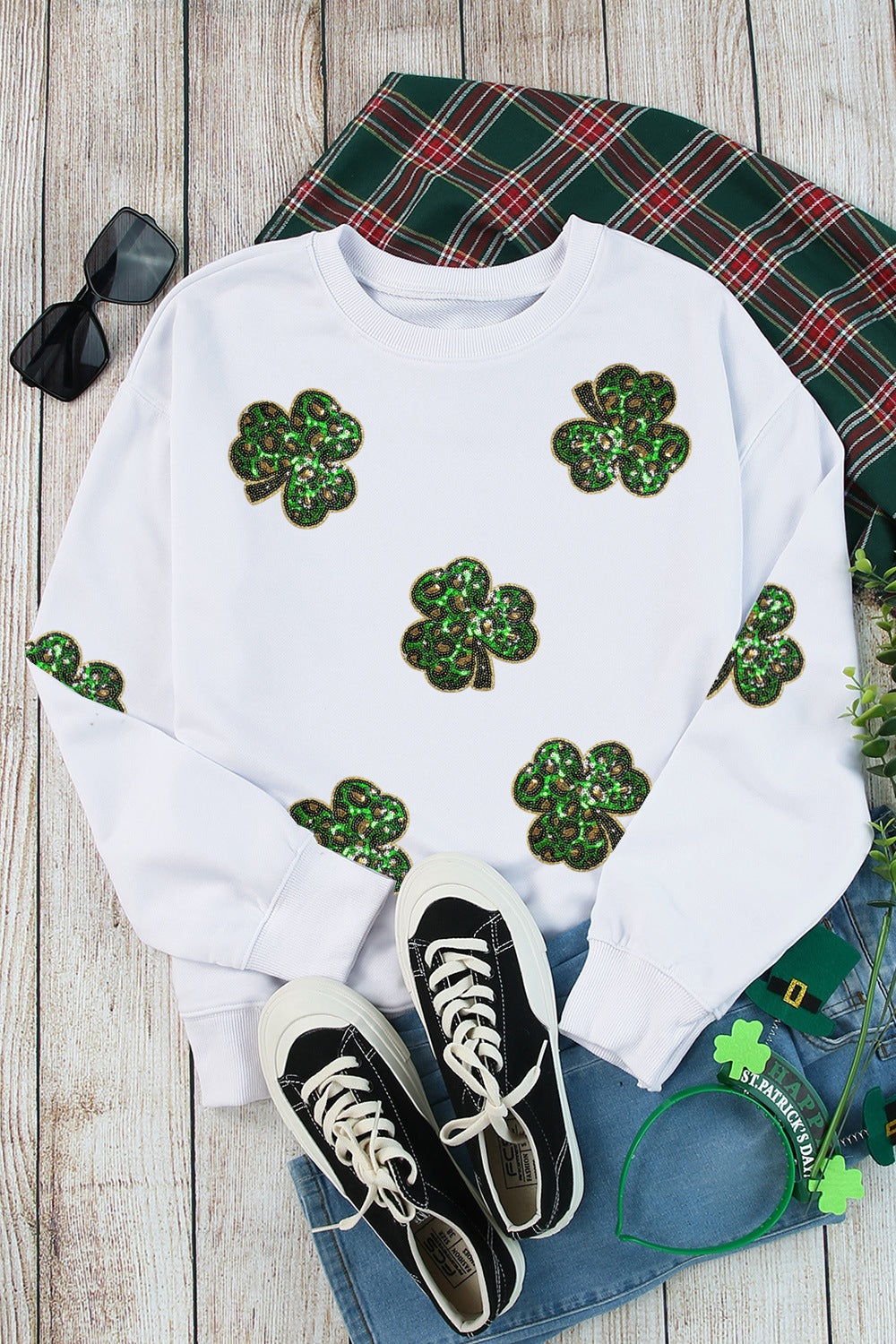 Sequin Lucky Clover Long Sleeve Sweatshirt-TOPS / DRESSES-[Adult]-[Female]-2022 Online Blue Zone Planet