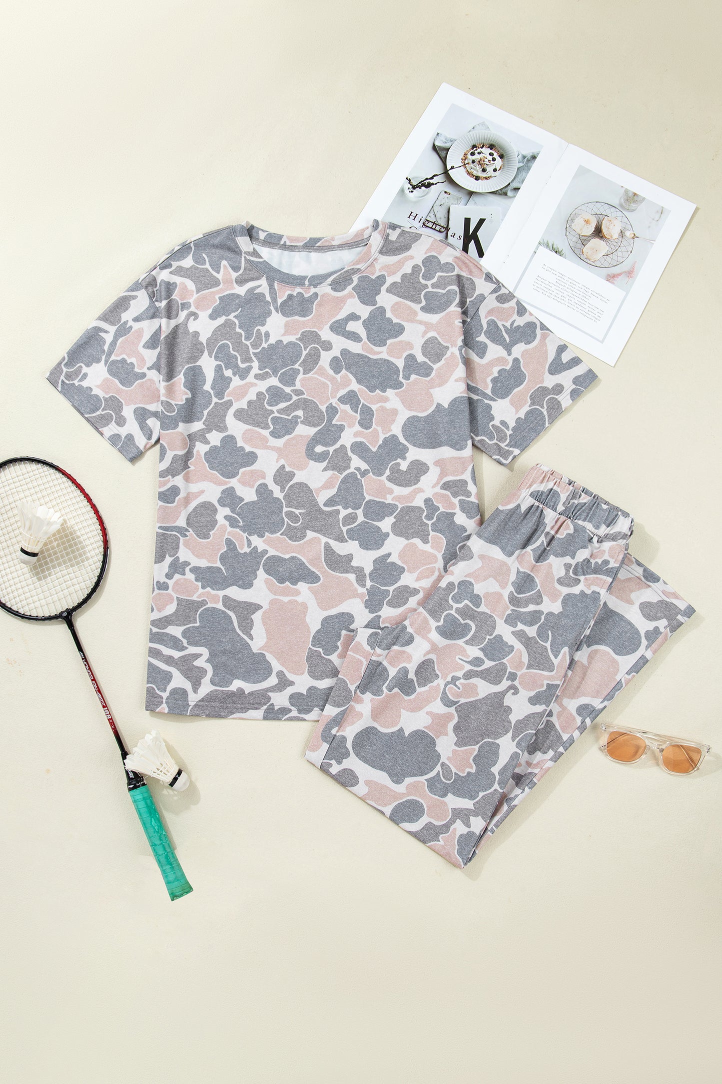 Multicolour Camouflage Short Sleeve Top and High Waist Wide Leg Pants Set-Two Piece Sets/Pant Sets-[Adult]-[Female]-2022 Online Blue Zone Planet